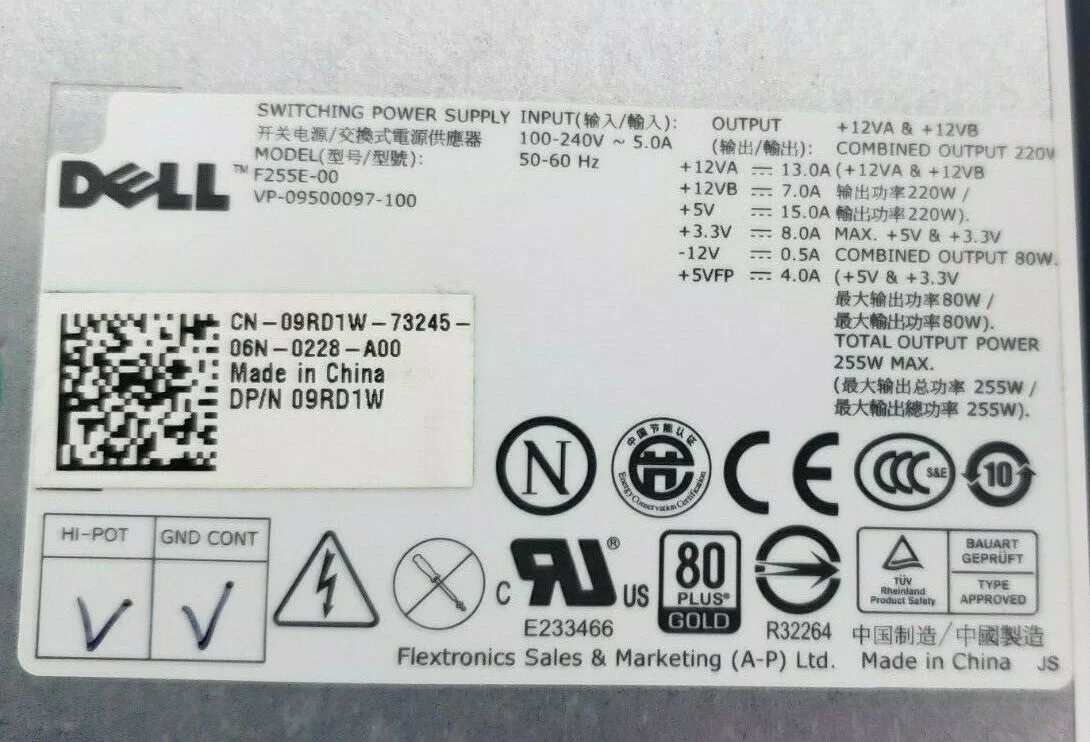 Fuente para Dell Optiplex 960 980 F255E-00 255W 0PW115 PW115 09RD1W 9RD1W